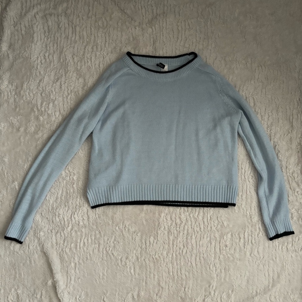 H&M Light Blue Crew Neck Sweater with Black Trim